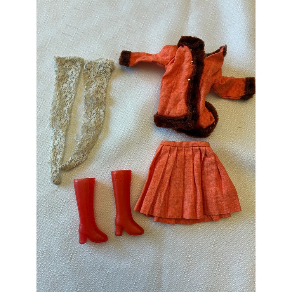 Vintage Barbie Orange Faux Fur Trim Jacket Skirt Lace Stockings Red Boots Set